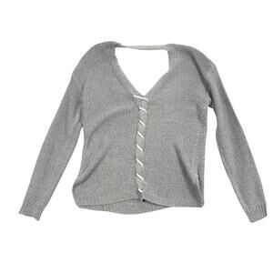 RD Style Grey V-Neck Knit Sweater Open Back Strappy Detail Medium Oversized Boho